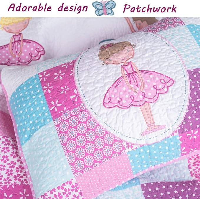 Cozy Line Home Fashions Ballerina Dance Princess Girl 100% Cotton Reversible Bedding Quilt Set, Bedspread Coverlet for All Seasons (Pink Embroidered, Twin - 2 Piece)