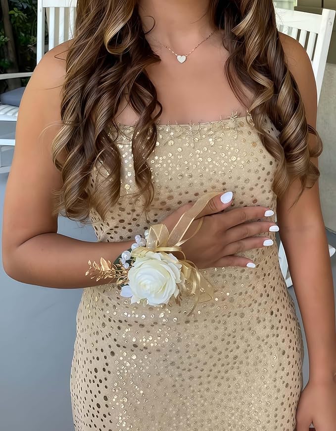 Rose Champagne Wrist Corsages 8 Pcs - Bride Bridesmaid Wrist Corsage Bracelets for Wedding, Prom and Anniversary,Formal Dinner Party & Flower Girl Accessories(C)