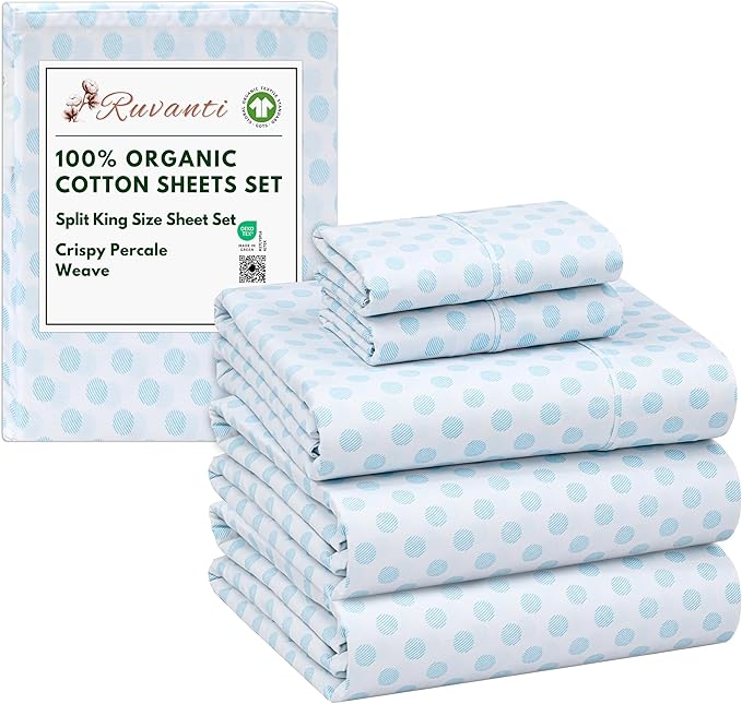 RUVANTI 100% Organic Cotton Sheets Split King, Percale Weave, GOTS Certified, 5-Piece Set, Deep Pocket 15", Crisp & Breathable, Soft Durable Bedding, Sábanas Algodón Orgánico – Circle Imprint