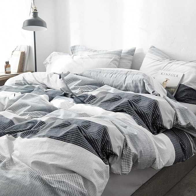 LifeTB Striped Comforter Set King Size, Blue Grey Stripes Pattern Printed Bedding Set, 3 Pieces Lightweight Bedding Comforter Set, Stripe Soft Fluffy Bed Set King Comforter with 2 Pillowcases