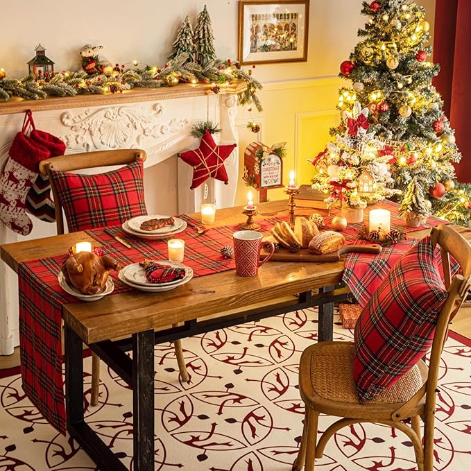 Red Green Plaid Christmas Table Runner, Winter Holiday Table Runners 72 inches Long, Xmas Decorations Indoor Outdoor Farmhouse Home Kitchen Dining Party Decor