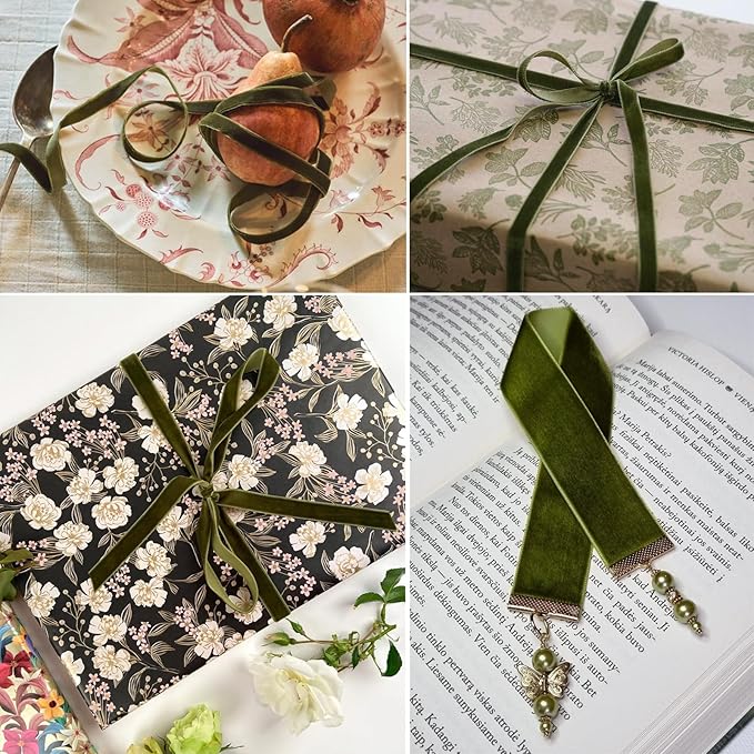 Olive Green Velvet Ribbon 5/8 Inches x 5 Yards for Gift Wrapping, Crafts, Christmas Tree, Wreath, Bow Making, Vintage Fabric on The Spool for DIY