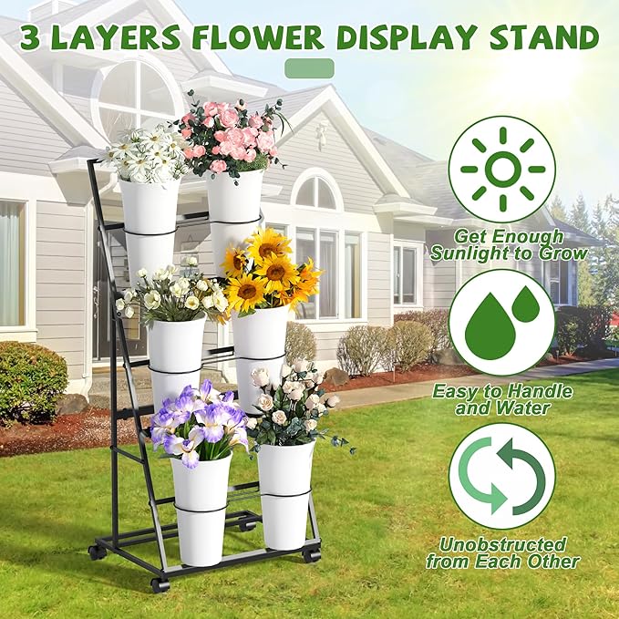 Invech Flower Display Stand with 6 Buckets and Wheels, 3 Tier Flower Cart Display Stand for Indoor Outdoor Garden, Wedding, Flower Shop (Existing Patent)