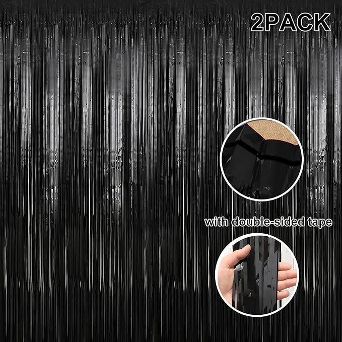 2 Pack 3.28 ft x 6.56 ft Black Tinsel Curtain Party Backdrop Decorations, Metallic Foil Fringe Backdrop Door for Halloween, Christmas, Birthday Graduation Wedding Party Streamers Photo Backdrop.