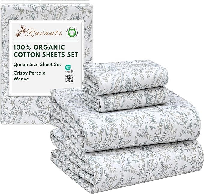RUVANTI 100% Organic Cotton Sheets Queen Size, Percale Weave, GOTS Certified, 4-Piece Set, Deep Pocket 15", Crisp & Breathable, Soft Durable Bedding, Sábanas Algodón Orgánico – Ornate Oasis