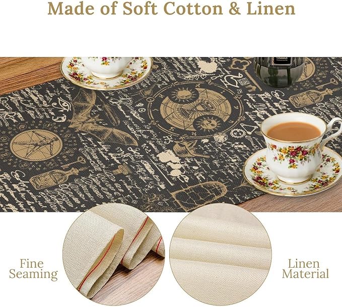 Gothic Table Runner,Black Gold Vintage Theme Print Table Runner for Home Kitchen Table Dining Garden Farmhouse Wedding Party Decor 13x60 Inch