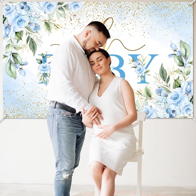 Mocsicka Oh Baby Backdrop Blue Floral Baby Shower Banner for Boys Party Decorations Photo Booth Props (Blue, 6x3.6ft)