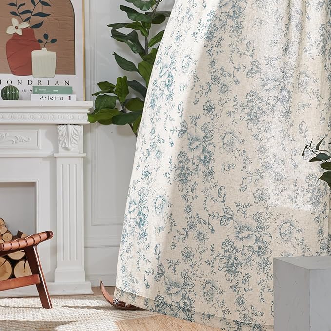 jinchan Linen Blend Curtain Floral Curtains for Living Room 96 Inch Length Blue Printed Curtain Back Tab Farmhouse Peony Flower Patterned Drapes Bedroom Window Curtains Set 2 Panels