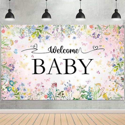 Wildflower Baby Shower Decorations Banner - Floral Welcome Baby Backdrop Party Supplies, Flower Theme Photo Background for Birthday Baby Shower Gender Reveal (72.8 x 35.4 inch)