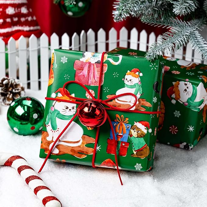 MAYPLUSS Christmas Wrapping Paper Roll - 17 Inch X 33 Feet - Green Cute Cat Christmas Hat Reversible Polka Dot Gift Wrapping Paper, Thick Wrap Paper for Holiday Party New Year Kids