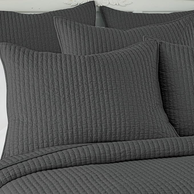 Levtex Home Cross Stitch Reversible Queen Bedspread Set (104x106in) with 2 Pillow Shams (26x20in) - Stitch Texture - Charcoal - Cotton Queen Size Bedspread Set - Lightweight, Soft, Pre-Washed