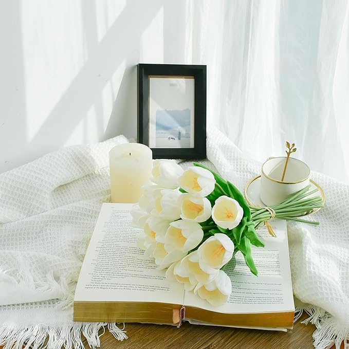 Mandy's Artificial Tulips 12 Stems White Partially Open PU Faux Flowers for Thanksgiving and Christmas Decorations Wedding Home Decor 13.5 Inch