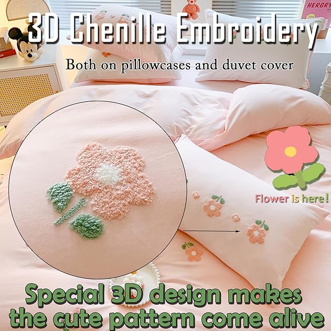 MorroMorn Twin Duvet Cover Cotton, 3D Embroidery Twin Bedding Sets Pink Bed Set, Fluffy Chenille Embroidered Comforter Covers Soft Sweat-Absorbing for Girls Kids Teen (Flowers Pink, Twin/Twin XL)