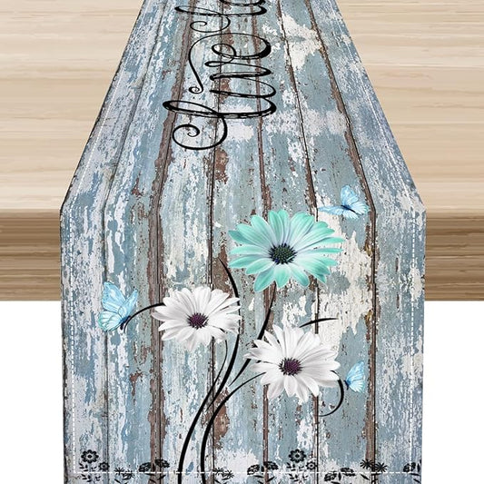 Daisy Floral Table Runner, Rustic Seasonal Spring Wild Flower Rustic Blue Wood Farmhouse Table Center Decor for Family Kitchen Farmhouse Holiday Party Table Decorations Indoor Outdoor 13x108 inch