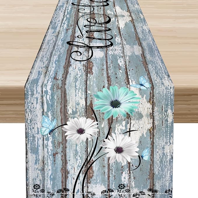 Daisy Floral Table Runner, Rustic Seasonal Spring Wild Flower Rustic Blue Wood Farmhouse Table Center Decor for Family Kitchen Farmhouse Holiday Party Table Decorations Indoor Outdoor 13x90 inch