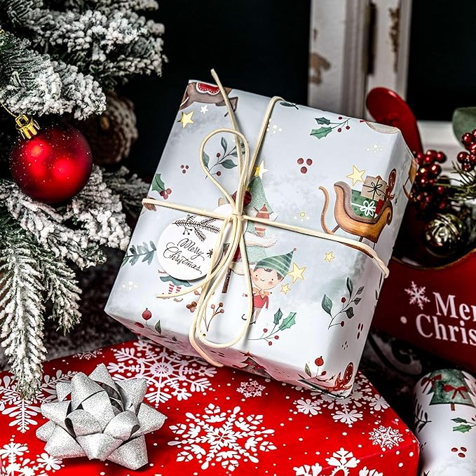 MAYPLUSS Christmas Wrapping Paper Roll - 17IN X 33FT - Santa Claus Gift Wrapping Paper Featuring Sleigh Christmas Tree Gnome Reindeer Holly Gingerbread Reversible Snowflake for Kids, Holiday, New Year