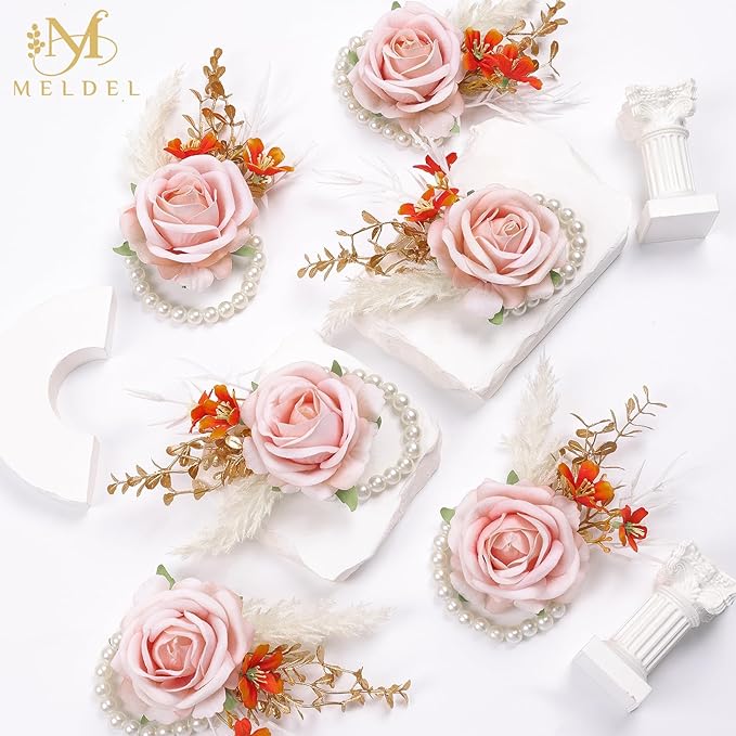 Meldel Pink Velvet Rose Wrist Corsage, Set of 6, Wedding Bridal Flower Corsage Hand Decor for Prom Party Homecoming, Wristband Flowers Bride, Bridesmaid, Girl,Mother of The Bride Corsage
