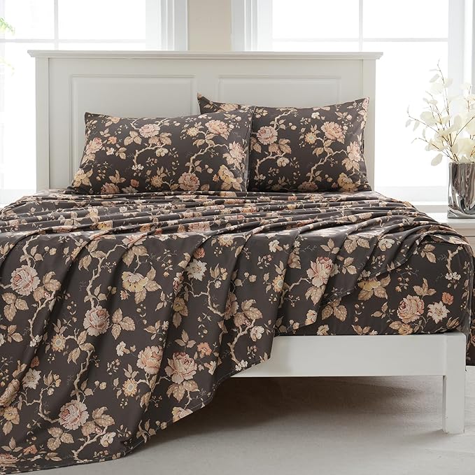 Zusbest Dark Brown Floral Bed Sheets Set - King Size Percale Cotton Shabby Rustic Peony Flower Print Bed Sheets - Soft Breathable Mocha Classic Vintage Bedding 4 Pcs Deep Pocket Flower Bed Sheets