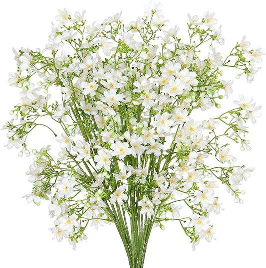 Artificial Flowers 8PCS Silk Flowers with Long Stems, Fake Flowers Bulk Fake Babys Breath, White Flowers for Tall Vase Outdoor Garden Wedding Party Home Table Centerpiece Winter
