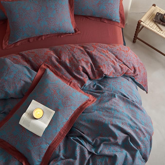 Blue Red Duvet Cover Full Forest Theme Retro Floral Duvet Cover Vintage Jacquard Bedding Set Premium Yarn-Dyed Cotton Linen Duvet Cover Botanical Tree Leaves Bedding Comforter Cover with Zipper Ties