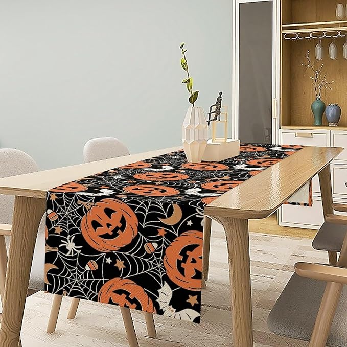 Bat Table Runner,Halloween Pumpkin Spider Web Table Runner for Home Kitchen Table Dining Garden Farmhouse Wedding Party Decor 13x36 Inch