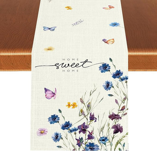 Blue Floral Table Runner, Spring Summer Watercolor Wildflower Butterfly Country Farmhouse Coffee Table Center Decor for Home Kitchen Dining Patio Holiday Party Table Decorations 13x90 inches