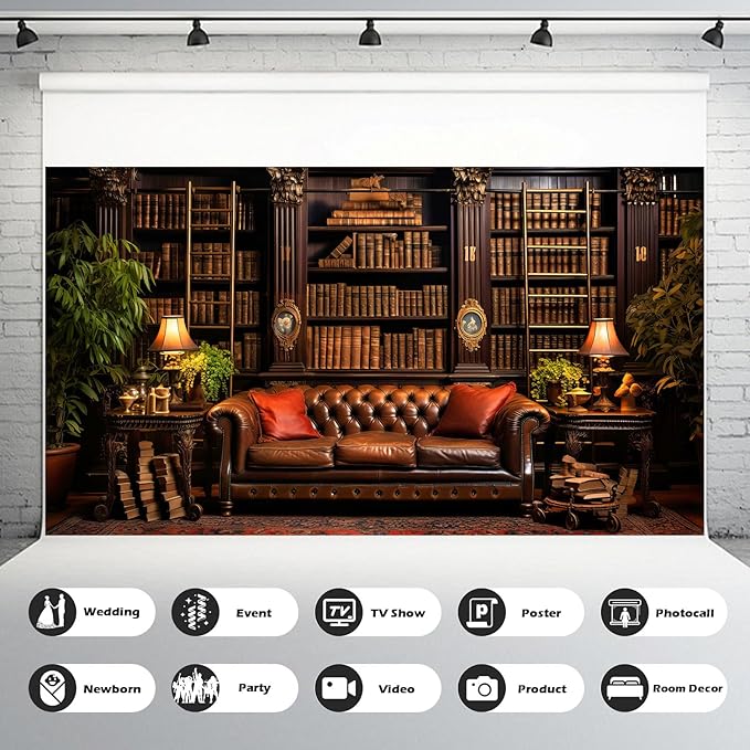Vintage Luxury Library Bookshelf Backdrop School Library Bookshelf Collection Photography Background Home Office Sofa Business Conversation Room Retro Books Shelves Background Videos Prop 7x5ft