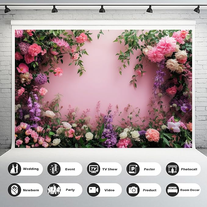 Flowers Photography Backdrop Colorful Flowers Composition Green Leaves on Pink Background for Girls Kids Children Wall Banner Cake Table Decoration Video Studio Photo Portrait Props 20x10ft