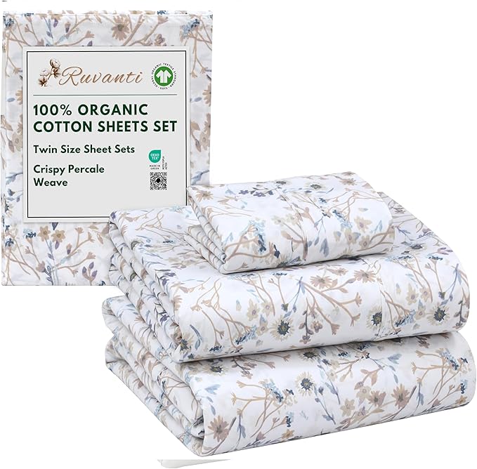 RUVANTI 100% Organic Cotton Sheets Twin Size, Percale Weave, GOTS Certified, 3-Piece Set, Deep Pocket 15", Crisp & Breathable, Soft Durable Bedding, Sábanas Algodón Orgánico – Tranquil
