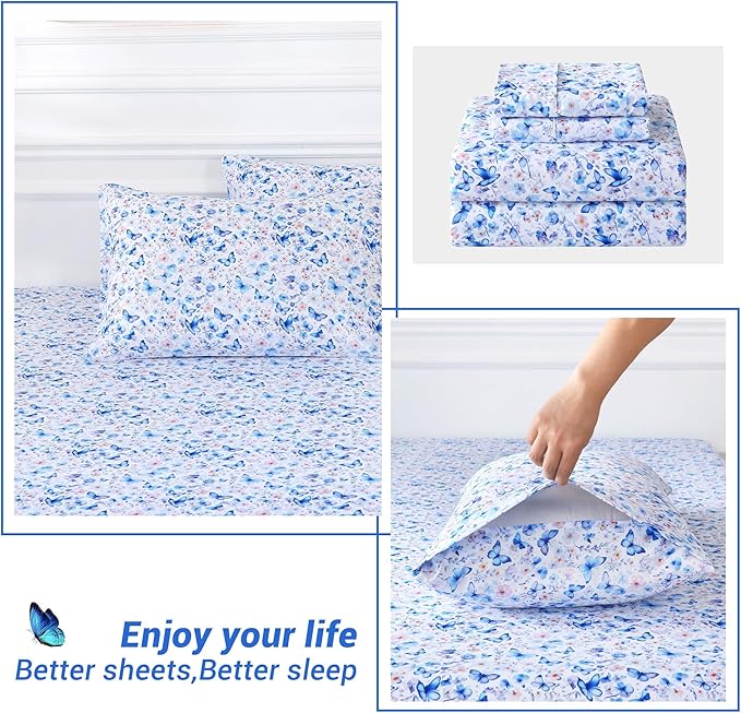 Softan Queen Floral Sheets, Microfiber Blue Flower Printed Fitted Sheets with Non-Slip Corner Straps and 15" Deep Pocket, Butterfly Patterned Cozy Bed Sheets & Pillowcase Sets