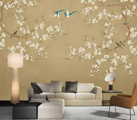 Eierme-Beautiful Background China Art. Flower with Bird Mural Wallpaper Peel and Stick 90" x 67"