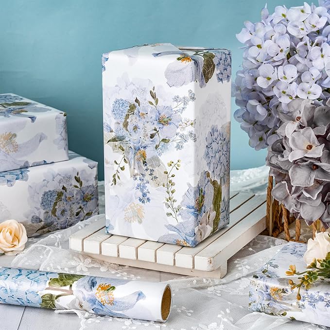 LeZakaa Floral Wrapping Paper Roll, Blue Hydrangea Flowers Party Gift Wrap for Wedding, Bridal Shower, Baby Shower, Anniversary, Mother's Day, Birthday, 17 inches x 16.4 Feet (23.2 sq.ft.)