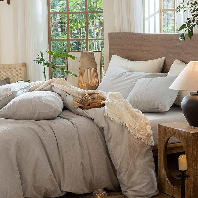 MooMee Wavy Striped Duvet Cover Set 100% Washed Cotton Linen Like Textured Breathable Durable Soft Comfy (Light Grey, Queen 90"x90")