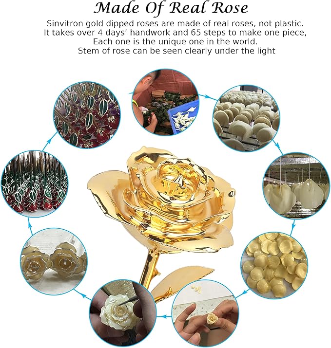 Sinvitron Gold Dipped Rose Real 24K Gold Rose, Hand Dipped One of a Kind Golden Roses, Romantic Gifts for Women on Birthday, Anniversary, Mother’s Day (Golden)