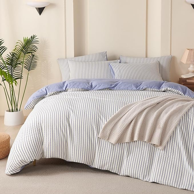 King Size Duvet Cover Blue Striped Washed Microfiber Jacquard 3 Pieces Bedding Set, White Blue Vertical Ticking Stripes Pattern Comforter Cover with Zipper Closure Breathable Durable Soft Comfy
