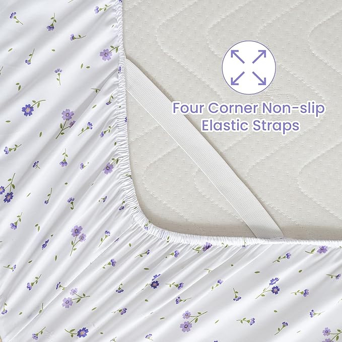 Softan Purple Floral Twin Size Sheet Set, 3 Pieces Microfiber Single Bed Sheets for Girls, Cozy Fitted Sheet with 15" Deep Pockets & Non-Slip Straps, Cute Purple Flower Sheets & Pillowcase Set