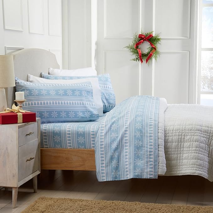 Market & Place 100% Cotton Queen Flannel Sheet Set | 4 Piece Deep Pocket Novelty Cozy Winter Bed Sheets | Double Brushed for Extra Softness & Comfort | Alpine Collection (Queen, Striped Snowflake)