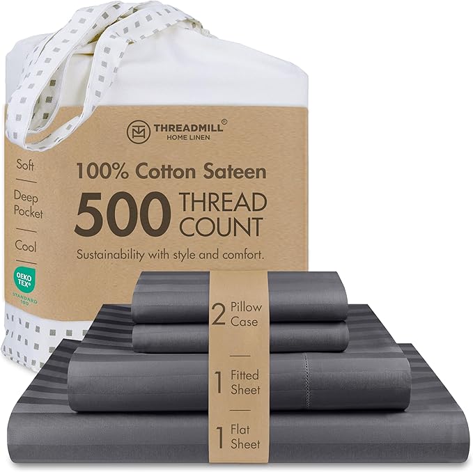 Threadmill 500 Thread Count Full-Size Damask Stripe, 4 Pc Luxury Cotton Bedding Set, Silky Smooth Dark Grey Sheets with 16" Elasticized Deep Pocket, 2 Pillowcases & Free Tote Bag