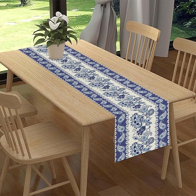 Blue Paisley Table Runner, Rustic Blue Bohemian Damask Exotic Flower Cafe Table Center Decor for Home Kitchen Dining Patio Holiday Party Indoor Outdoor Table Decorations 13x36 inch