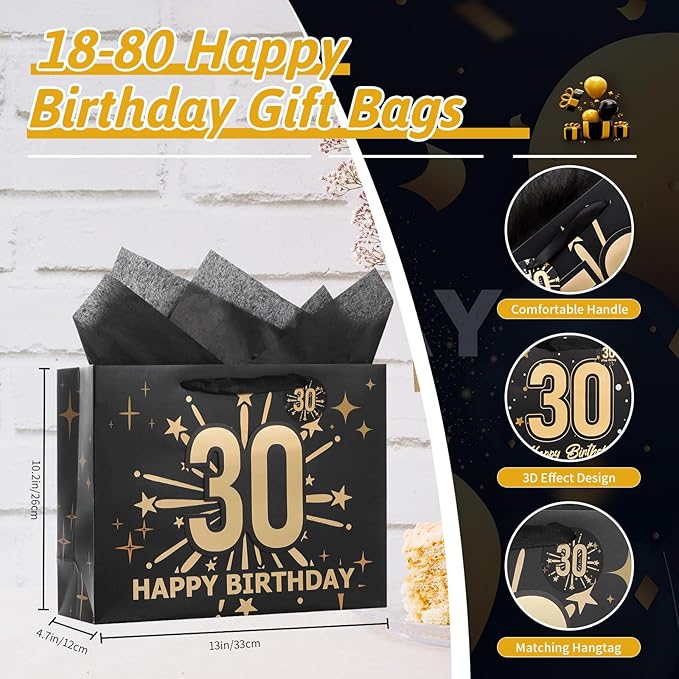 Bloomwords 30th Birthday Gift Bag Set with Card & Tissue – 13" Elegant Keepsake Party Bags for Unisex Anniversaries, Gift Wrapping & Celebrations