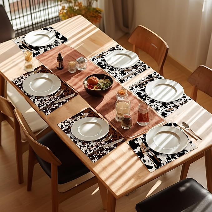 Cow Fur Placemats Set of 6,Washable Heat Resistant 12×18 Inch Linen Table Mats Cow Print Pattern Place Mats for Party Outdoor Dining Décor