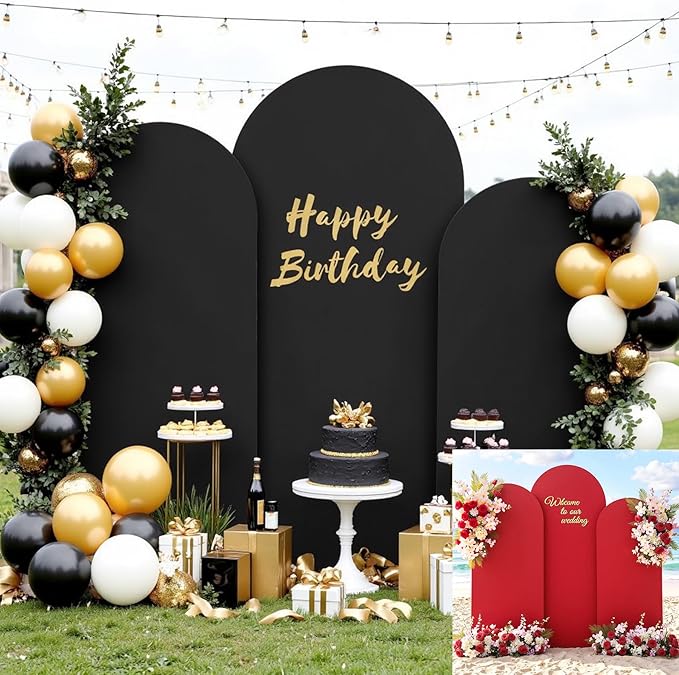 Black and Red Arch Backdrop Cover 6FT 5FT 4FT Arch Covers Stretchy Backdrop Set of 3, Wedding Arch Cover Spandex Fitted Double-Color Fabric Arch Covers for Party Baby Shower Birthday Decoration