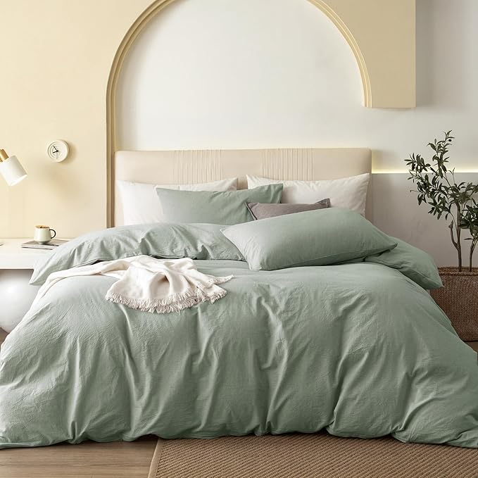 JIYUAN 100% Washed Cotton Duvet Cover Set 3 Pieces Super Queen, 1 Duvet Cover 90x98 Inches(Comforter Not Included) and 2 Pillowcases,Linen Feel Bedding Set Comfy and Breathable, Heathered Sage Green