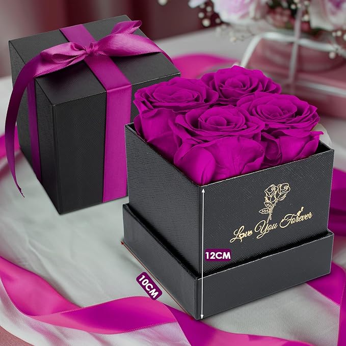 4 Preserved Flower, Fresh Flower Forever Roses in Square Shape Box, Immortal Roses Gift for Her Eternal Roses, 100% Real Roses, Birthday Gifts for Women, Wife, Her, Mom, Purple