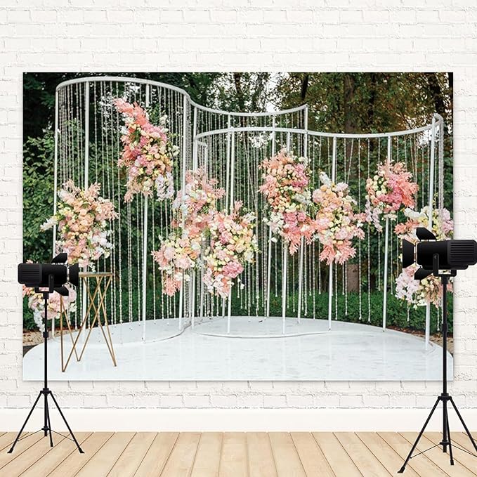 7x5ft Pink Floral Backdrop Green Leaves White Flowers Romantic Wedding Photography Background Natural Theme Birthday Banner Decorations Newborn Baby Shower Portrait Photo Booth Prop