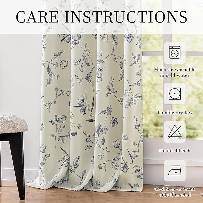 ChrisDowa Beige 100% Blackout Curtains 63 Inches Long 2 Panels for Bedroom Living Room Navy Blue Flower Patterned Room Darkening Thermal Insulated Soundproof Grommet Window Treatments Drapes,52X63