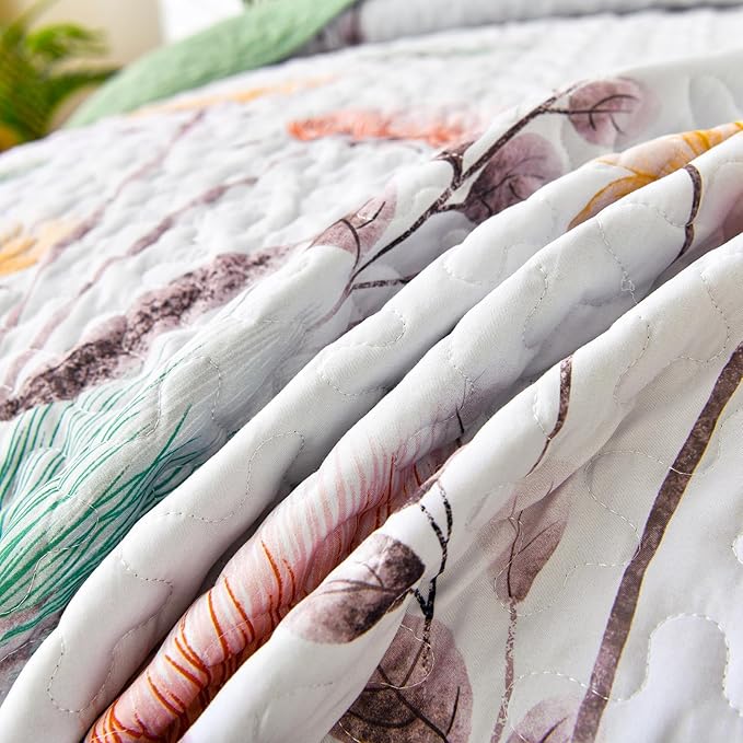 Dinjoy Floral Quilt Set Queen Size,Sage Green Bedspread Botanical 3 Pieces Fall Quilts Microfiber Lightweight Bedspreads White Soft Reversible Bed Cover Sets for All Season(96"x90")