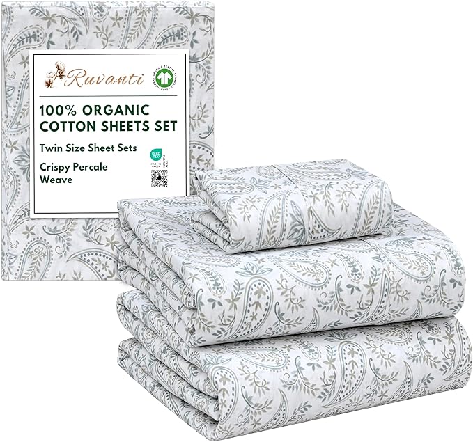 RUVANTI 100% Organic Cotton Sheets Twin Size, Percale Weave, GOTS Certified, 3-Piece Set, Deep Pocket 15", Crisp & Breathable, Soft Durable Bedding, Sábanas Algodón Orgánico – Ornate Oasis