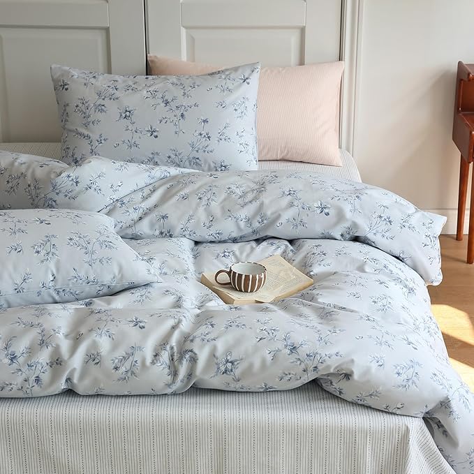 Vintage Style Garden Floral Duvet Cover Full 3 Pieces Cotton Flower Duvet Cover Blue Floral Bedding Cover with 2 Pillowcases Reversible Floral Botanical Comforter Cover Cottagecore Bedding Set Full