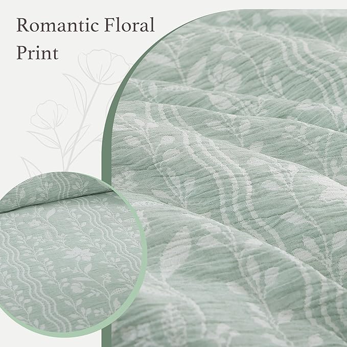Full Comforter Set -7 Pieces Green Floral Comforter Set for All Seasons, Bed in a Bag Full with Botanical Flowers Comforter, Sheets, Pillowcases & Shams